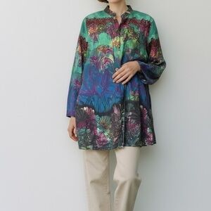 Citron Silk Duster Jacket Coat Plus Size 1X Artsy Abstract Art To Wear Kimono